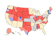 US map showing congressional districts colored in shades of red and blue indicating partisan lean, with yellow hatching for some states and gray for others.