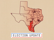 Illustrated map of Texas showing congressional districts shaded in varying shades of red, with an Election Update label at the bottom.