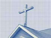 Blue-tinted editorial illustration of a church rooftop with a cross against a grid-paper background, used as decorative article art.