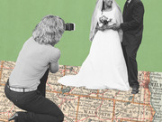 Editorial collage illustration showing a wedding photographer shooting a bride and groom standing on a vintage map of Wisconsin.