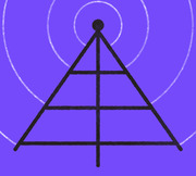 Editorial illustration of a broadcast tower styled as a triangle with horizontal bars and radio signal waves on a purple background.