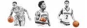 Stylized grayscale illustrations of three college basketball players from Iowa State, Purdue, and Louisville, each holding an orange basketball.
