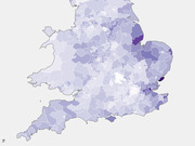 Choropleth map of England and Wales showing regional variation by district using a purple color scale, with darker shading concentrated in the northeast and east.