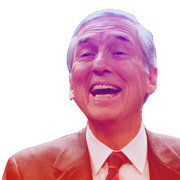 Color-tinted editorial illustration of a laughing older man in a suit and red tie, cut out against a white background.