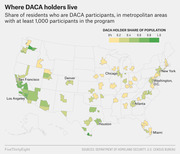 Choropleth map of the US showing the share of residents who are DACA participants in metropolitan areas with at least 1,000 participants, colored from light yellow to dark green.