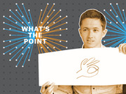 Promotional graphic for FiveThirtyEight's What's The Point podcast featuring a man holding a drawing, with radiating blue and orange lines on a dark background.