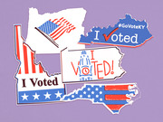 Decorative editorial illustration showing I Voted stickers shaped like US state outlines including Idaho, Oregon, Kentucky, Pennsylvania, and North Carolina.