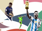 Editorial collage illustration showing three soccer players including Mbappe in France jersey number 10, a goalkeeper in green, and Messi in Argentina jersey holding the World Cup trophy.