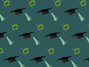 Repeating pattern of black graduation caps with green tassels and four-leaf clovers on a teal background, used as decorative editorial art.
