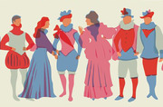 Stylized flat illustration of six figures in historical Renaissance-era costumes in shades of blue, red, and pink.