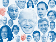 Collage of blue-tinted headshots of 2020 Democratic presidential candidates with Joe Biden's face largest in the center and a few faces in red tones.