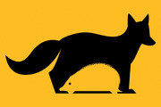 Black silhouette illustration of a fox standing over a hedgehog on a yellow background, referencing the fox and hedgehog concept.