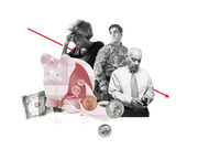 Editorial collage showing an elderly woman, a soldier in a wheelchair, and an older man checking his wallet, alongside a broken piggy bank, coins, and a dollar bill with a red downward arrow.