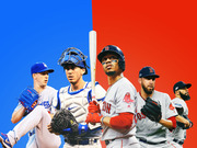 Editorial illustration showing five MLB players from the Dodgers and Red Sox posed against a split blue and red background for a World Series matchup graphic.