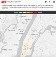 Color-coded map of NYC subway stations south of Central Park showing relative heat levels from cooler to hotter, measured on July 29, 2015.