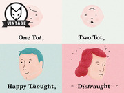 Four-panel illustrated graphic showing cartoon faces labeled One Tot, Two Tot, Happy Thought, Distraught with a Vintage logo badge.