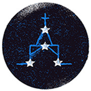 Circular dark blue illustration featuring a stylized church or building outline with stars, rendered in a minimalist line art style.