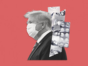 Editorial collage illustration showing a masked political figure in profile with blister packs of pills overlaid, on a red background.
