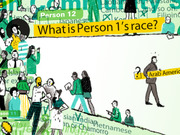 Editorial illustration showing diverse illustrated figures with overlaid census race question text including 'What is Person 1's race?' and various racial/ethnic category labels.