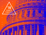 Editorial title card for FiveThirtyEight's 2016 Senate Forecast featuring the US Capitol dome in orange and blue with numbers overlaid and a triangle logo.