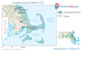 Map of Massachusetts Congressional District 10 showing Cape Cod Bay area with labeled cities, counties, and a small inset of all Massachusetts districts.