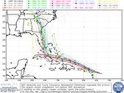 Spaghetti model map showing multiple hurricane track forecasts for Storm 11 over the Atlantic and southeastern US, with colored lines from various weather models.