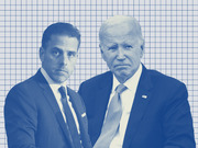Blue-tinted editorial illustration of two men in suits against a grid background, appearing to depict Hunter Biden and President Joe Biden.