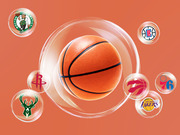Editorial illustration of a basketball inside a bubble surrounded by smaller bubbles containing NBA team logos including Celtics, Rockets, Bucks, Clippers, Raptors, 76ers, and Lakers.