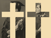 Editorial collage showing vintage photos of graduates in caps and gowns holding diplomas, overlaid with large cream-colored Christian cross shapes.