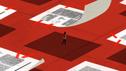 Editorial illustration of a lone figure walking among giant oversized documents with red tape markers on a red geometric background.