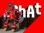 Editorial photo illustration of a red Carnegie Mellon humanoid robot against a bold red graphic background with large white text reading 'hAt'.