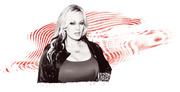 Editorial illustration of a blonde woman in black and white with red swirling brushstroke design elements in the background.