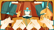 Editorial illustration of a small robot in a tutu performing on stage flanked by jazz musicians while an audience applauds.