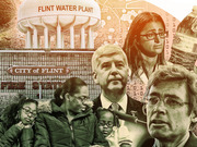Editorial collage illustration about the Flint water crisis featuring the Flint Water Plant tower, City of Flint sign, and several people including officials and residents.