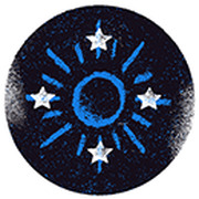 A circular dark emblem featuring a stylized sun or starburst in the center surrounded by small stars, rendered in blue and white on a dark background.