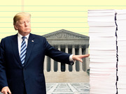 Editorial collage showing Donald Trump gesturing toward a tall stack of papers in front of the Supreme Court building on a yellow lined-paper background.