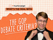 FiveThirtyEight editorial illustration for a segment titled What's the Deal With The GOP Debate Criteria featuring a man in a tuxedo on an orange background.