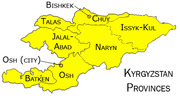 Yellow map of Kyrgyzstan showing its provinces including Talas, Chuy, Issyk-Kul, Jalal-Abad, Naryn, Osh, and Batken, with capital Bishkek marked.