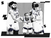 Black and white editorial illustration of Villanova basketball players in uniform helping a teammate off the floor, with geometric graphic design elements.