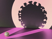 Editorial illustration of a small coronavirus particle casting a large looming shadow shaped like a virus on a pink and purple background.