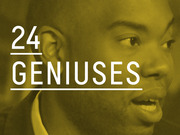 Gold-tinted editorial cover image with large white text reading '24 Geniuses' overlaid on a close-up portrait of a man.