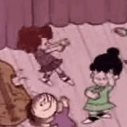 Cartoon illustration showing animated children characters in a pink-toned scene, appearing to be from a children's animated TV show.
