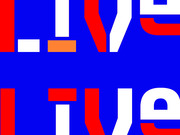 Bold graphic design with the word LIVE repeated in large red, white, and blue typography on a blue background.