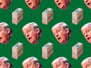 Repeating pattern of Donald Trump's face and stacks of hundred-dollar bills on a green background, used as editorial illustration.