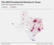 Dot density map of Texas showing 2012 presidential election votes, with each blue dot representing 20 Obama votes and each red dot representing 20 Romney votes.