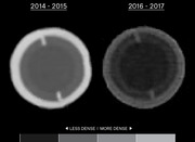 Side-by-side comparison of two circular cross-section images labeled 2014-2015 and 2016-2017 showing density differences, with a less dense to more dense grayscale legend.