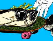 Colorful editorial illustration of a burrito wearing sunglasses on a skateboard with french fries and a hand reaching in, on a blue background.