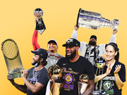 Editorial photo collage of 2020 sports champions holding trophies including MLB, NFL, NBA, NHL, and WNBA championship hardware against a yellow background.