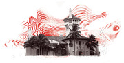 Editorial illustration of Mar-a-Lago estate in black and white with dramatic red swirling abstract patterns in the background.