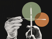 Editorial collage illustration showing gloved hands holding a syringe and a nasal swab against overlapping green and orange circles on a black background.